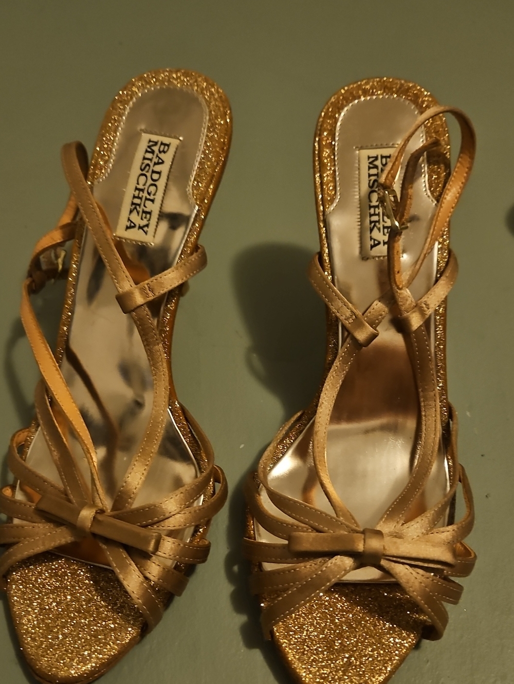 Badgley Mischka Gold Glitter Strappy Heeled Sandals